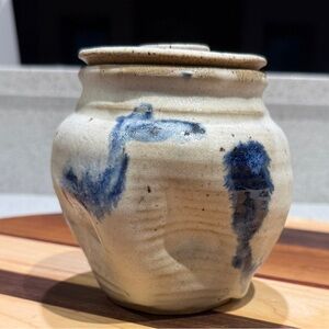 Vintage Ceramic Lidded Jar Cream with Blue Accents Signed by Artist Kate Keilty